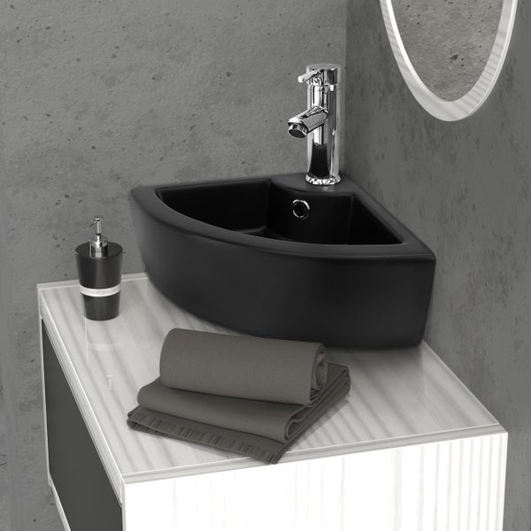 ML-Design Waschbecken Eck Keramik Schwarz 46x33x13cm Eckig Ablaufgarnitur Hängewaschbecken Wandmontage Aufsatzwaschbecken Eckwaschbecken mit Überlauf Waschtisch Waschschale Waschplatz Handwaschbecken
