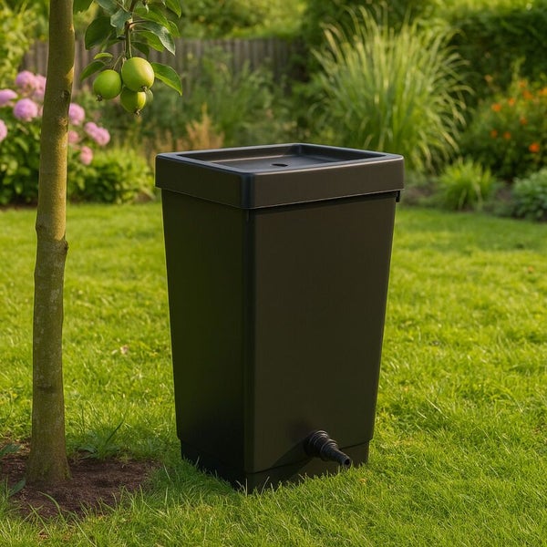Eckige, schwarze Regentonne mit Auslaufhahn auf einer Rasenfläche in einem bepflanzten Garten.