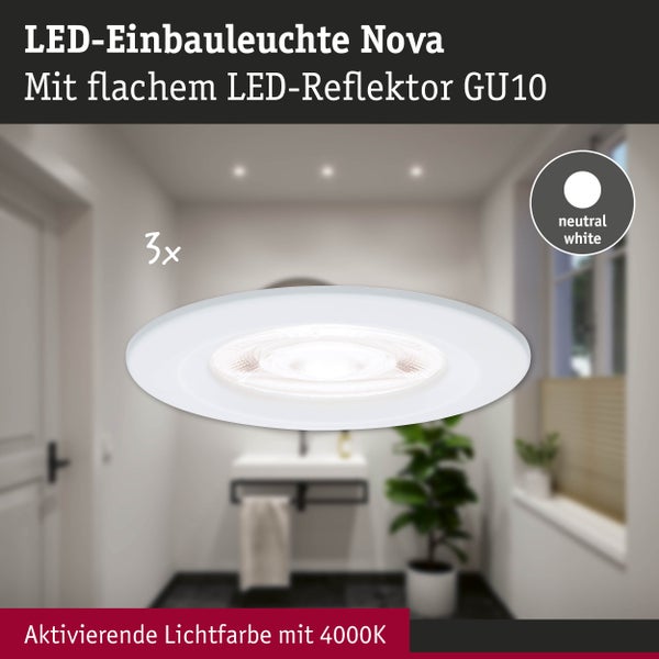 3er-Set runde LED-Einbauleuchten Nova mit flachen GU10 Reflektoren, neutralweißes Licht mit 4000 Kelvin, montiert in einem modernen Badezimmer.