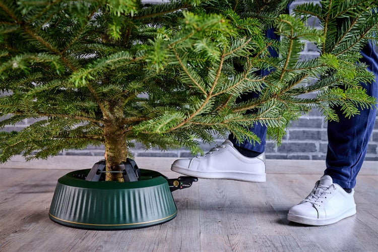 Person fixiert Weihnachtsbaum mit Fuß in Christbaumständer.
