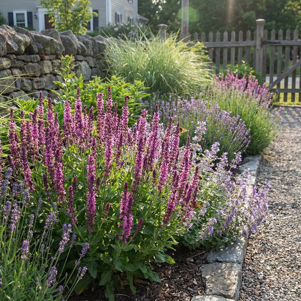 Gartenbeet mit Steppensalbei, Lavendel und Ziergras an einer Natursteinmauer, einem Kiesweg und einem Holzzaun.