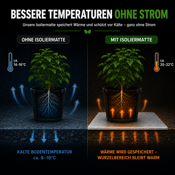 Grafik zur Isoliermatte für Pflanzen, zeigt den Wärmespeichereffekt ohne Strom bei einer Pflanze im Topf im Vergleich zum Boden.
