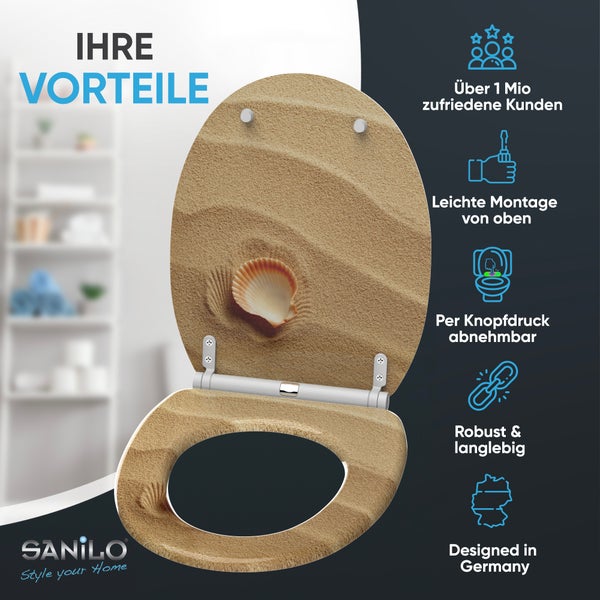 WC-Sitz von Sanilo mit Strand-Motiv, Montage von oben, abnehmbar per Knopfdruck, robust, langlebig, Design aus Deutschland. Sanilo Logo.