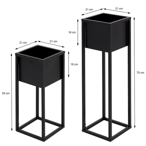 ML-Design Blumenständer im 2er Set, Schwarz, 21 x 50/70 x 21 cm, Moderne Blumentopfständer mit Übertopf, Wetterfeste und robuste Pflanzenständer aus Metall, Blumentopfhalter 2-tlg, Pflanztopf Deko