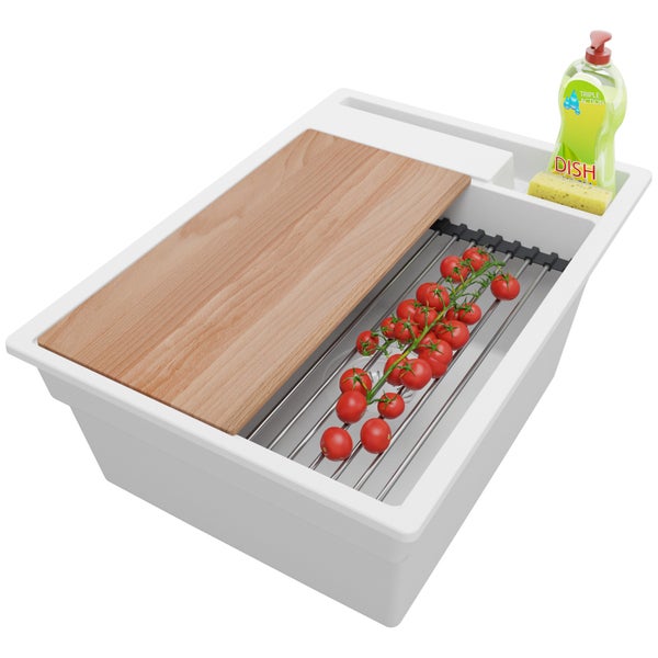 PRIMAGRAN Spülbecken Alles Weiß 38x53cm, Granitspüle 1 Becken + Ablauf-Set + Küchenzubehörset, Küchenspüle ab 40er Unterschrank - Oslo Pocket