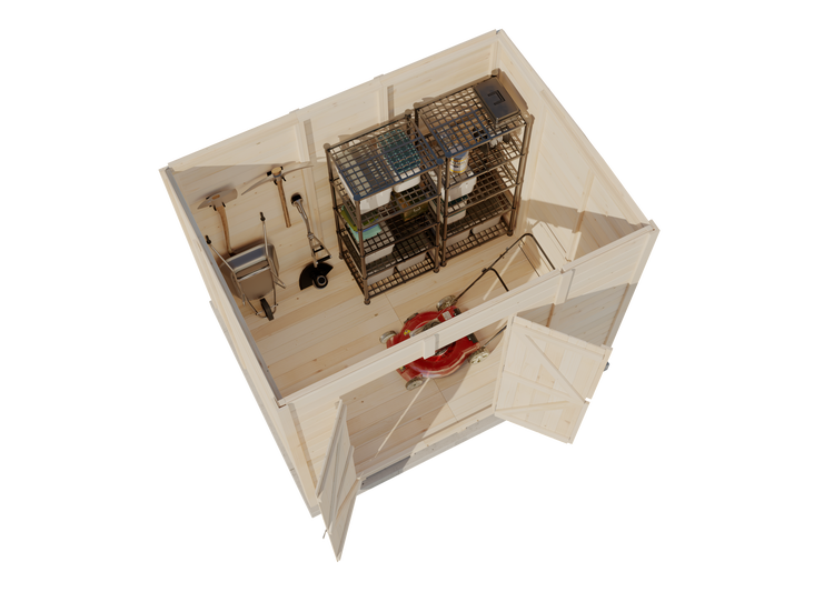 Ein offenes Gartenhaus aus Holz mit Regalen, Rasenmäher, Schubkarre und Gartengeräten, organisiert und gut strukturiert.