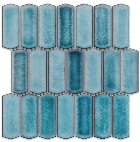 Mosaikfliese aus Keramik in Picket-Form mit strukturierter reaktiver Glasur in Blau.