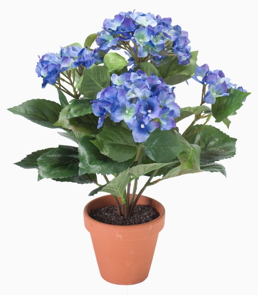 Künstliche Hortensie mit blauen Blüten und grünen Blättern.