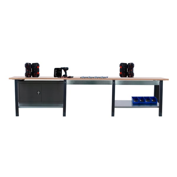 Werkbank BUFFALO WOOD mit 2x Schublade + Schrank| HxBxT 86,5x300x75cm | Traglast 1000kg | Anthrazit