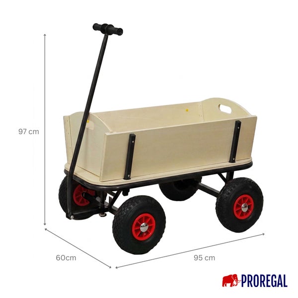 Bollerwagen aus Holz mit Luftbereifung und Metallrahmen, Maße 95 mal 60 mal 97 Zentimeter, Proregal Logo.