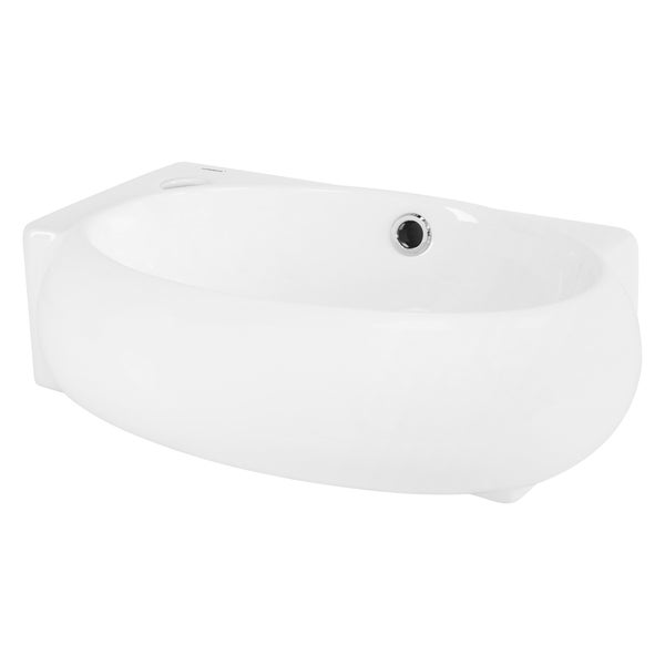 ML-Design Waschbecken aus Keramik Weiß, 43x28x15 cm, Oval, klein, Hahnloch links, inkl. Ablaufgarnitur Silber, Wandmontage/Aufsatzwaschbecken, Moderne Waschtisch Waschschale Waschplatz Handwaschbecken
