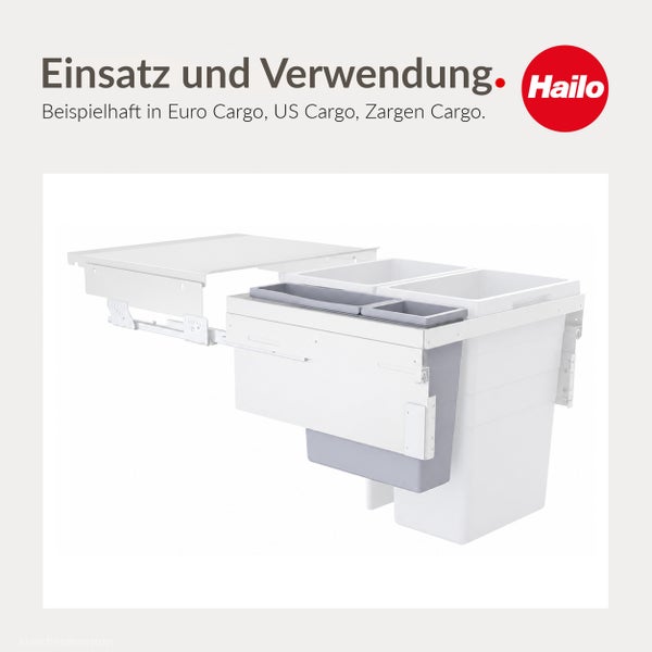 Hailo Abfalltrennsystem für Küchenauszüge mit ausziehbarem Deckel und mehreren Mülleimern für Euro Cargo, US Cargo und Zargen Cargo.