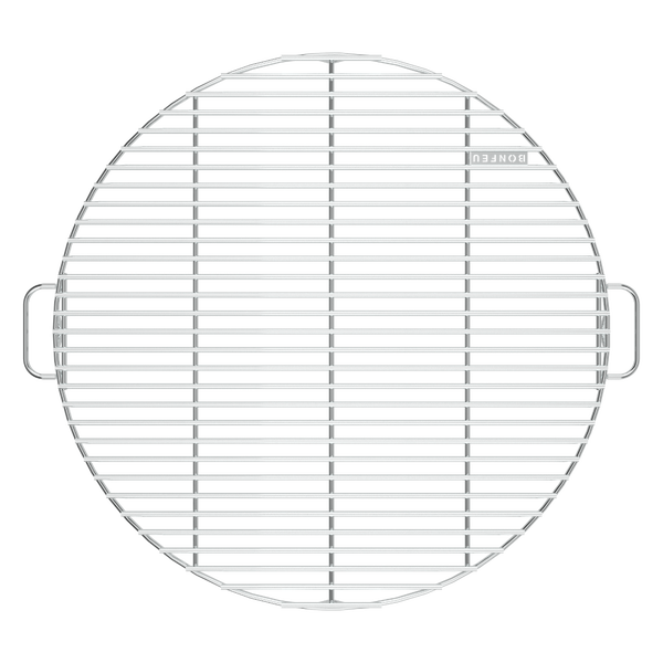 Runder Grillrost aus Edelstahl mit zwei seitlichen Griffen und BonFeu Logo.