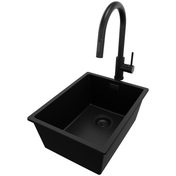 PRIMAGRAN Granitspüle Alles Schwarz 36x47cm, Spülbecken 1 Becken + Küchenarmatur 40x20cm + Ablauf-Set, Küchenspüle ab 40er Unterschrank - London Slim