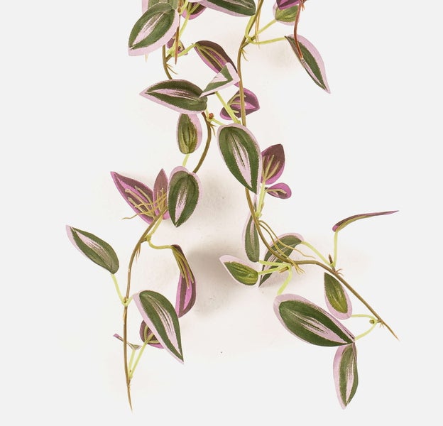 Künstliche Hängepflanze Tradescantia mit gestreiften Blättern in Grün und Lila.