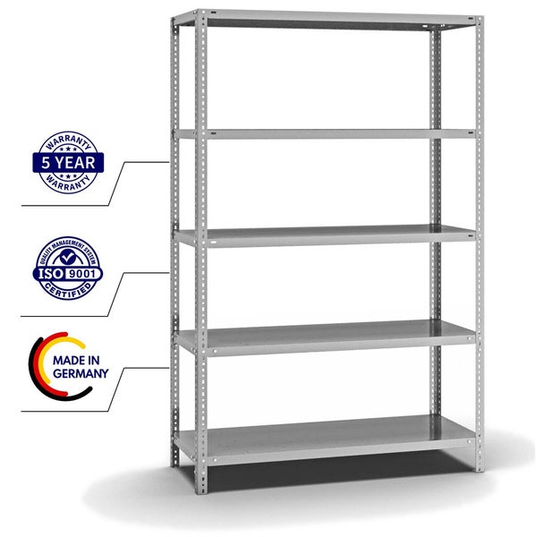 PROREGAL Fachbodenregal Schraubsystem Heavy-Duty Grundregal HxBxT 200 x 130 x 50 cm 5 Ebenen Fachlast 350 kg Beidseitig Nutzbar Verzinkt