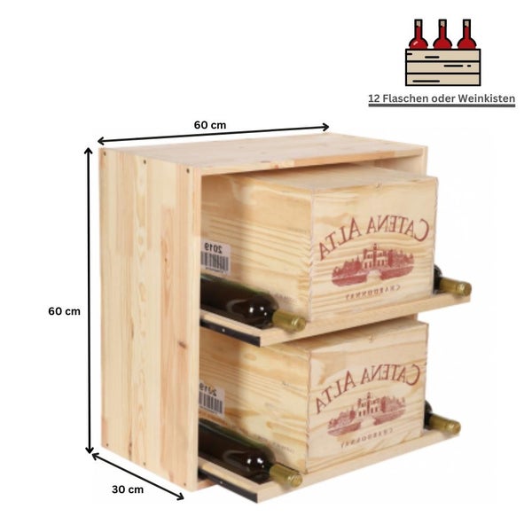 PROREGAL Modulares Weinregal Vincellar Mod HxBxT 60 x 60 x 30 cm Modul Für 12 Flaschen Oder Weinkisten mit Ausziehbaren Ebenen Massives Kiefernholz Natur