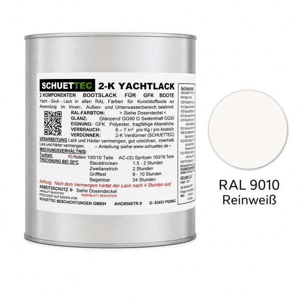 Schuettec 2-K Yachtlack in Reinweiss RAL 9010, Zweikomponenten Bootslack fuer GFK und Polyester Boote, 750 Milliliter.