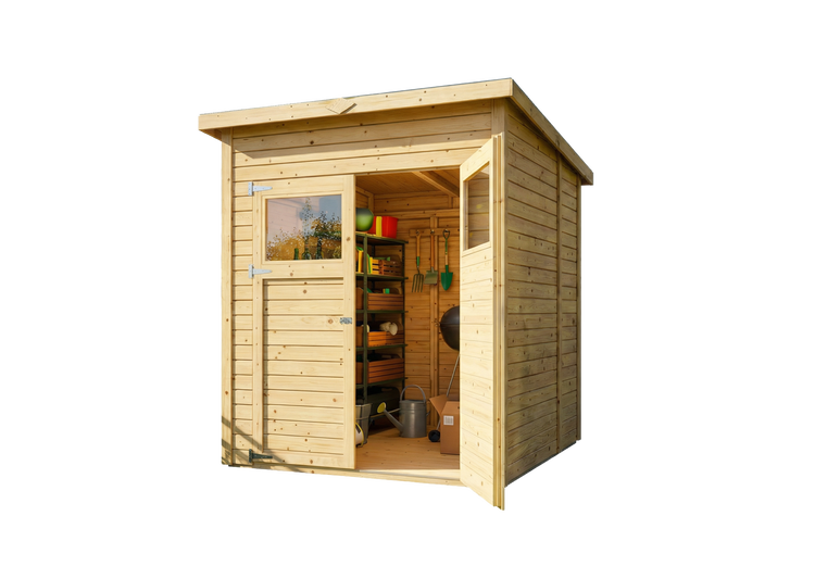 Gartenhaus aus Holz mit Pultdach und Doppeltür mit Fensterausschnitten, Innenraum mit Regalen und Gartenwerkzeugen.