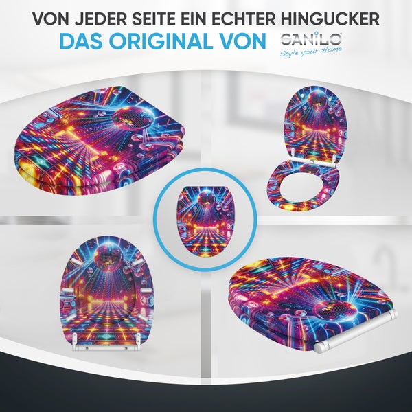 Sanilo WC Sitz mit Disco Motiv und Kugeloberfläche in verschiedenen Ansichten zur Montage auf der Toilette.