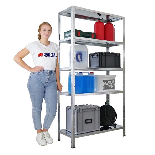 Metallregal mit fünf Regalböden und verschiedenen Gegenständen