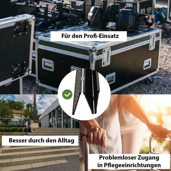 Faltbare Rollstuhlrampe für den professionellen Einsatz, zur Überwindung von Treppen und für den barrierefreien Zugang in Pflegeeinrichtungen.