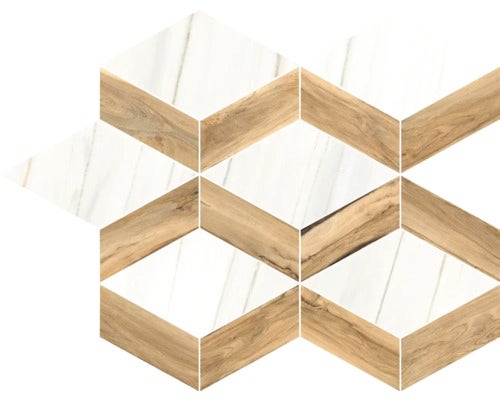 Muster aus sechseckigen Fliesen mit Holz- und Marmoroptik