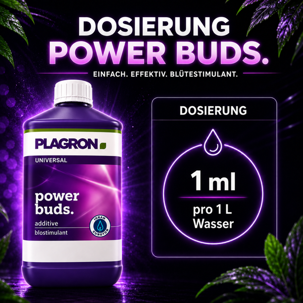 Plagron Power Buds Blütestimulator in der Flasche mit Dosierungsanleitung von 1 Milliliter pro 1 Liter Wasser.