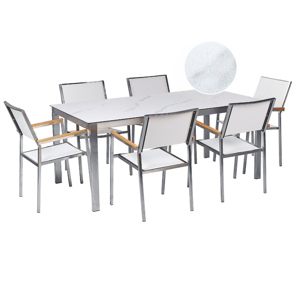 Gartenmöbel Set 6-Sitzer COSOLETO/GROSSETO Sicherheitsglas Marmor Optik Weißer Marmor