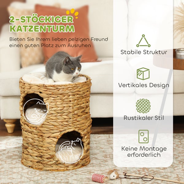 PawHut Kratztonne, 50 cm hoch Katzentonne mit 2 Höhle, Kratzbaum mit Kissen, Katzenturm aus Wasserhyazinthe, für Katze bis 3,5 kg, Hellbraun