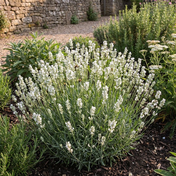 Weißer Lavendel im Gartenbeet, umgeben von anderen Stauden vor einer Steinmauer.