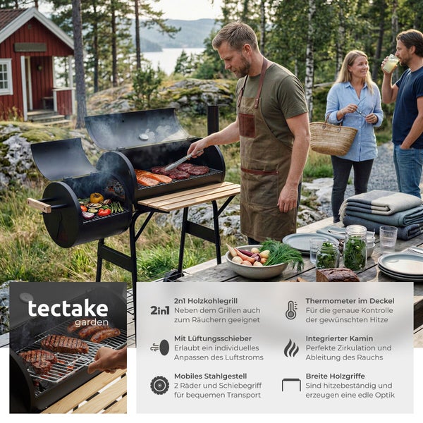 Tectake Garten 2 in 1 Holzkohlegrill mit Räucherfunktion für Terrasse und Garten inklusive Thermometer, Lüftungsschieber und fahrbarem Stahlgestell.