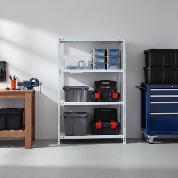 Organisierte Werkstatt mit weißem Metallregal voller Lagerboxen und Werkzeugkoffern, einer hölzernen Werkbank mit Schraubstock und blauem Werkstattwagen.