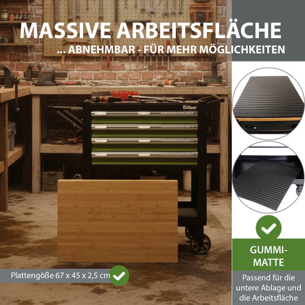 Werkstattwagen mit massiver Arbeitsfläche, abnehmbar, Plattengröße 67 x 45 x 2,5 Zentimeter, Gummimatte passend für die untere Ablage und die Arbeitsfläche