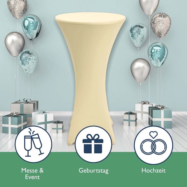 Stehtisch mit Husse, dekoriert mit Ballons und Geschenken für Messe, Event, Geburtstag und Hochzeit