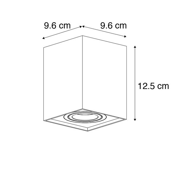 Technische Zeichnung einer Deckenleuchte mit den Maßen 9,6 x 9,6 x 12,5 cm.