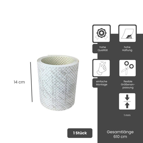 Rolle mit perforiertem Band, Höhe 14 Zentimeter, Gesamtlänge 610 Zentimeter, Stärke 1 Millimeter. Hohe Qualität, starke Haftung, einfache Montage.