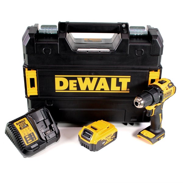 DeWalt Akku-Bohrschrauber-Set bestehend aus Bohrschrauber, 18 Volt Lithium-Ionen-Akku, Ladegerät und schwarzem Transportkoffer.