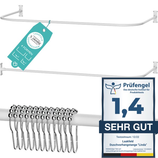 Duschvorhangstange L Form & Duschstange U Form 4 in 1 System inkl. 12 Ringe - Stabile Winkelstange Duschvorhang ohne Deckenhalterung - Duschstange Ecke Rostfrei - Duschvorhangstange Badewanne & Dusche
