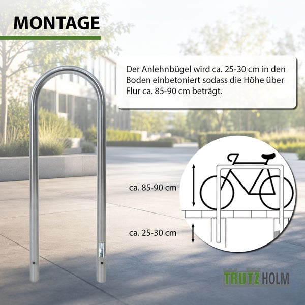 Montageanleitung für einen Trutzholm Anlehnbügel aus Stahl zur Einbetonierung mit Maßangaben für die Höhe über Flur und die Einbetoniertiefe.