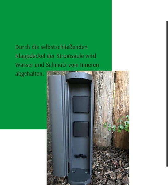 Garten-Stromsäule mit zwei Steckdosen und selbstschließenden Klappdeckeln zum Schutz vor Schmutz und Wasser.