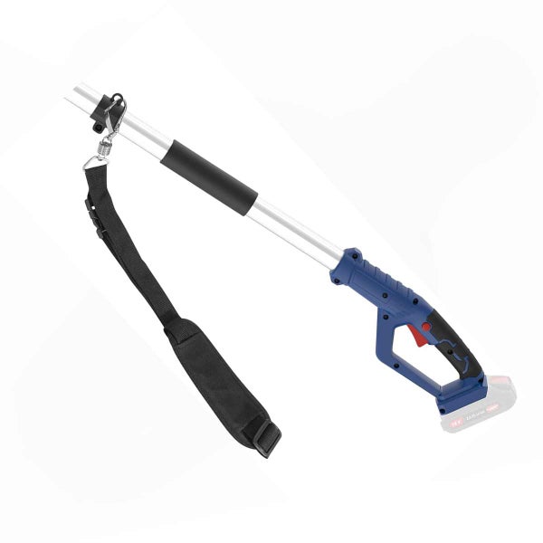 Griffstück für Akku-Teleskop-Gartengerät mit ergonomischem Handgriff, Tragegurt und Akkupack.