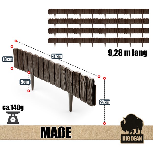 Gartenbeetbegrenzung aus Kunststoff im Holzdesign, Maße und Details dargestellt, Big Dean Logo