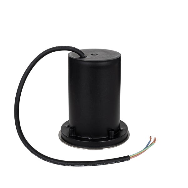 Zylindrische Bodeneinbauleuchte mit schwarzem Gehäuse und Anschlusskabel.