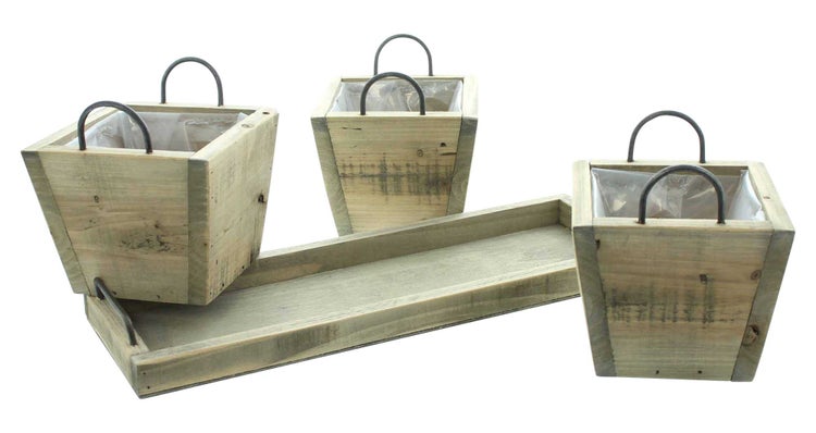 FRANK FLECHTWAREN | Holzpflanzer Recycling-Chic, Tablett 47 x 16 x 3 cm, Kasten 15,5 x 15,5 x 13 cm, HOLZ, FOLIE, METALL,