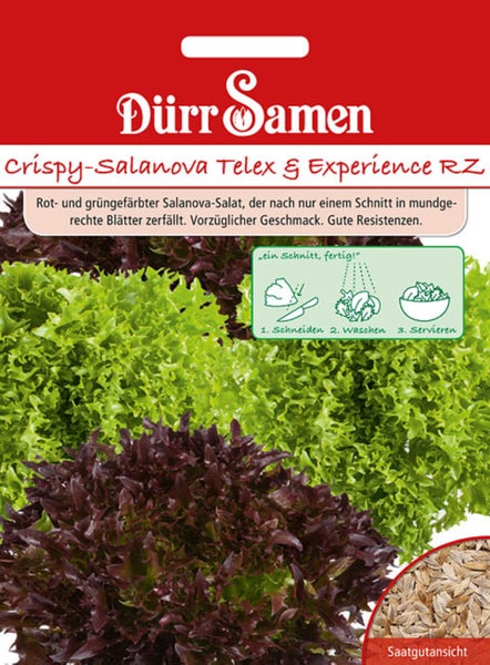 Dürr Samen Logo, Samentüte für Crispy-Salanova Salat Telex und Experience RZ mit grünem und rotem Kopfsalat sowie Darstellung der Zubereitung.