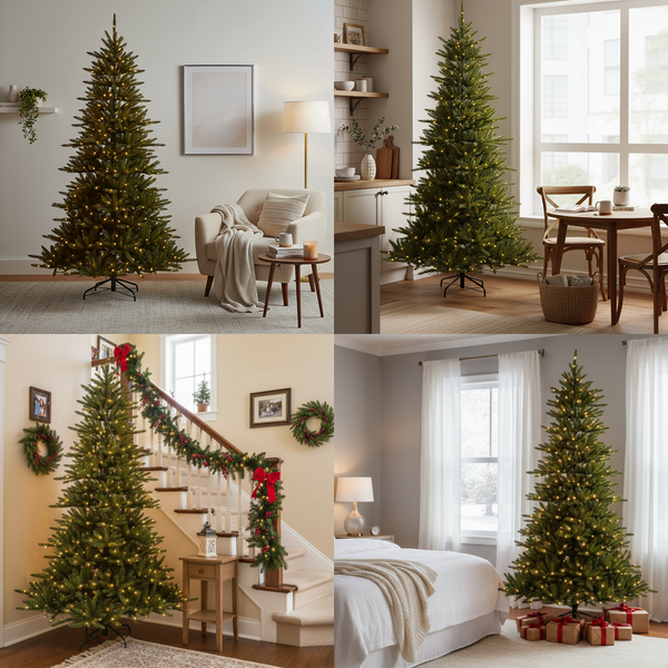 Collage mit künstlichen Weihnachtsbäumen in verschiedenen Wohnräumen.