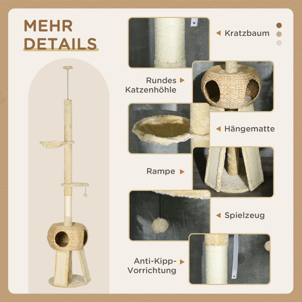 PawHut Kratzbaum Deckenhoch, 225-255 cm Katzenkratzbaum mit Katzenhöhle, Katzenbaum mit Spielball, Hängematte, Kletterbaum für Katzen bis 5 kg, Katzenmöbel, Plüsch, Beige