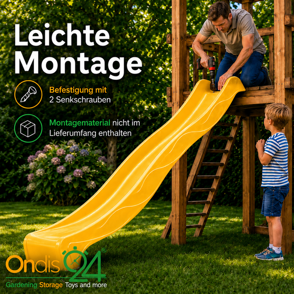 Montage einer Rutsche an einem Holzkletterturm mit zwei Senkschrauben. Montagematerial nicht enthalten. Mann und Kind im Garten. Ondis 24 Logo.