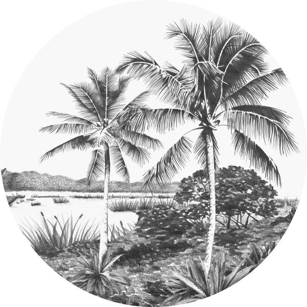 ESTAhome selbstklebende runde Tapete tropische Landschaft mit Palmen Schwarz-Weiß - Ø 140 cm - 159005